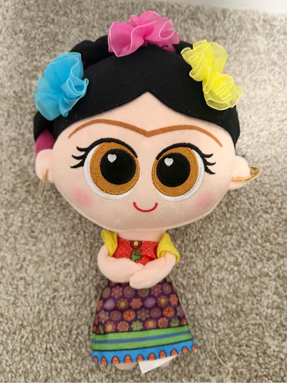 Frida Kahlo Colorful Floral Plush Doll Pink, Blue & Yellow Accents